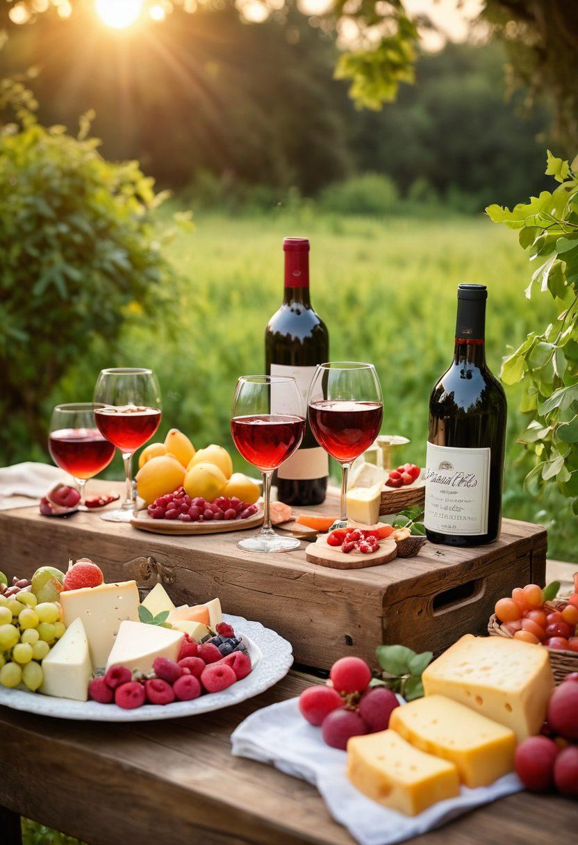 A beautifully arranged picnic scene featuring a variety of wine bottles including vintage reds and cheerful sangrias, surrounded by lush greenery and a sunset glowing in the background. A rustic wooden table is set with elegant glasses, fresh fruits, and cheese platters, inviting the viewer to indulge in the experience. Soft bokeh effect highlighting the wines and cheerful ambiance. vibrant colors. 3D.