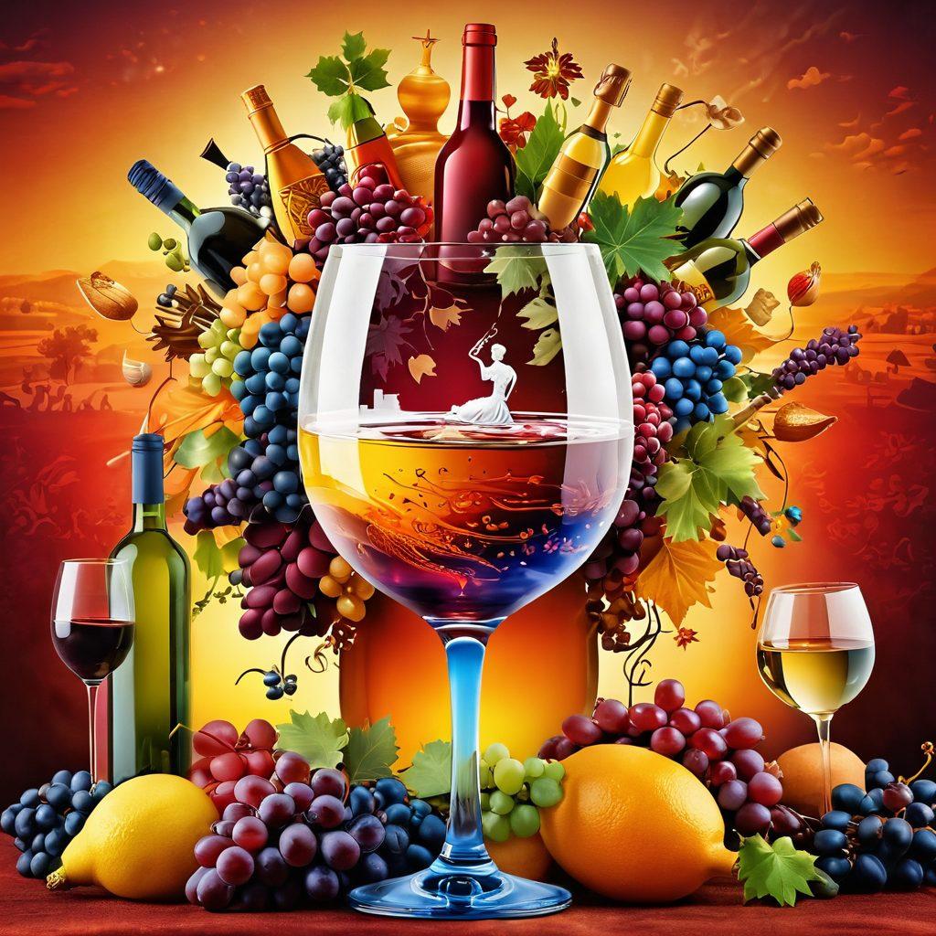 A colorful wine glass overflowing with various shades of wine, surrounded by an array of cultural symbols like traditional clothing, food, and musical instruments from around the world. The background features a blend of vineyard landscapes representing different countries, creating a sense of unity and celebration. Capture the essence of diversity and joy in each sip. vibrant colors. 3D. detailed texture.